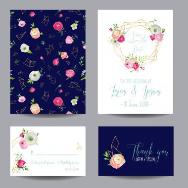 Çiçeği ile tarihi kartı kümesini Kaydet pembe çiçekler ve altın öğeleri. Düğün davetiyesi, yıldönümü partisi, Dekorasyon, çiçek şablon Rsvp. Vektör çizim