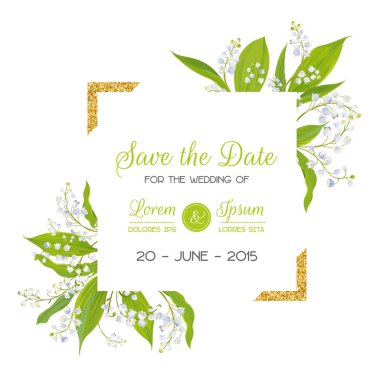 Tarihi bildirimi kartı çiçeği Lily Vadisi çiçek ve altın çerçeve ile kaydedin. Düğün davetiyesi, yıldönümü partisi, Rsvp çiçek şablon. Vektör çizim