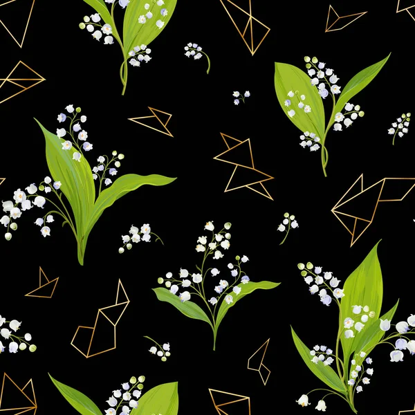 Patrón sin costura floral de primavera con flores de Lily Valley y elementos geométricos dorados. Fondo de flores de verano para tela, textil, decoración, fondo de pantalla. Ilustración vectorial — Vector de stock