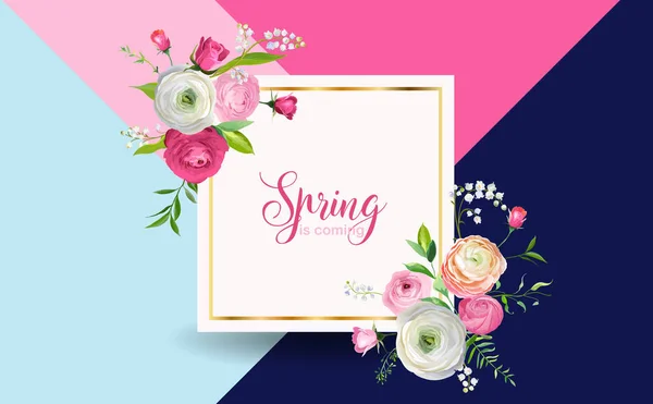 Hello Spring Floral Design with Blooming Pink Flowers. Botanical Springtime Background for Decoration, Poster, Banner, Voucher, Sale. Vector illustration — Stock Vector