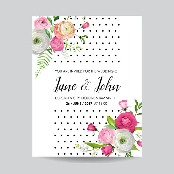 Salve o cartão de data com flores rosa flor e Lily. Convite de casamento, festa de aniversário, decoração, RSVP Floral Template. Ilustração vetorial —  Vetores de Stock