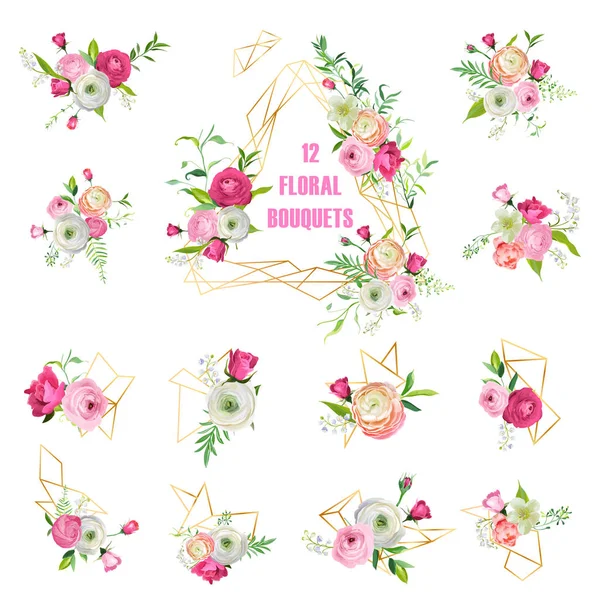 Bloemen boeketten Set voor vakantie decoratie. Roze bloemen Wreathes met geometrische elementen voor bruiloft uitnodiging, behang, patroon, wenskaarten. Vectorillustratie — Stockvector
