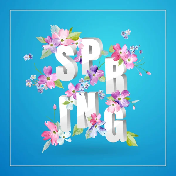 Olá Primavera Floral Design com flores floridas. Fundo Botânico Primavera para Decoração, Cartaz, Banner, Voucher, Venda, T-shirt. Ilustração vetorial —  Vetores de Stock