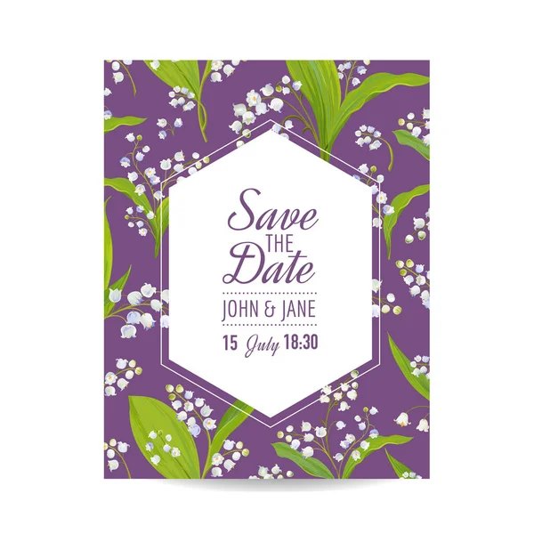 Salve o cartão de data com flores de Lily Valley Blossom. Convite de casamento, festa de aniversário, modelo floral RSVP. Ilustração vetorial — Vetor de Stock