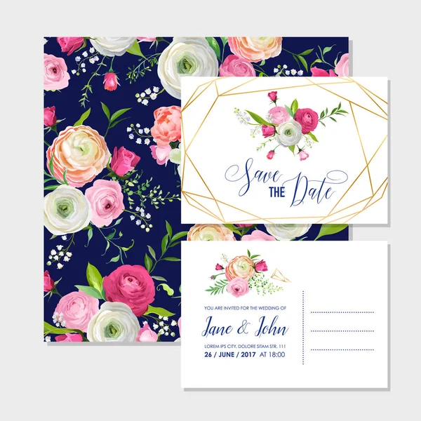 Αποθηκεύστε το σύνολο καρτών ημερομηνία με άνθος ροζ λουλούδια και χρυσή στοιχεία. Πρόσκληση γάμου, επέτειος, πάρτυ, διακόσμηση, Rsvp Floral πρότυπο. Εικονογράφηση διάνυσμα — Διανυσματικό Αρχείο