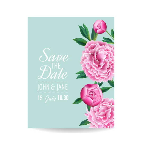 Floral Wedding Invitation. Save the Date Card with Blooming Pink Peony Flowers. Romantic Botanical Design for Party Decoration. Vector illustration — Stock Vector