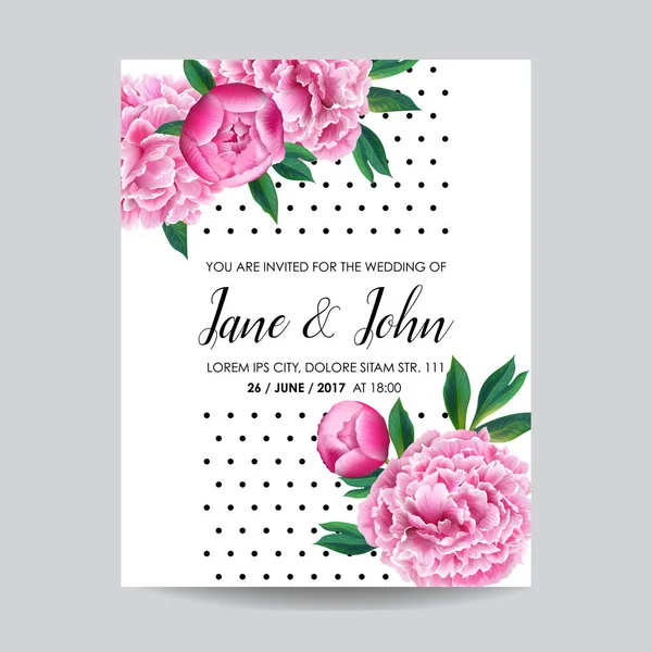 花の結婚式の招待状。牡丹咲くピンクの花で日付カードを保存します。ヴィンテージ春パーティーの装飾用植物のデザイン。ベクトル図 — ストックベクタ