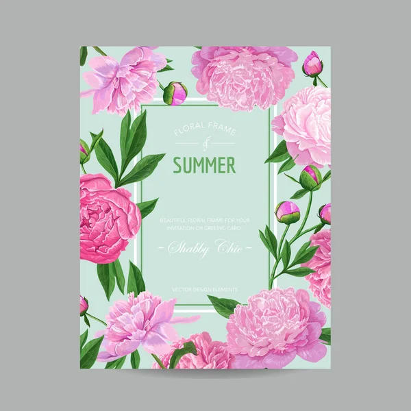 Olá Summer Floral Design com flores de peônia rosa florescendo. Fundo botânico para cartaz, bandeira, convite de casamento, cartão de saudação. Ilustração vetorial —  Vetores de Stock