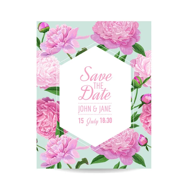 Blommig bröllopsinbjudan. Spara datum kortet med blommande pion blommor. Våren botaniska Design för dekoration. Vektorillustration — Stock vektor