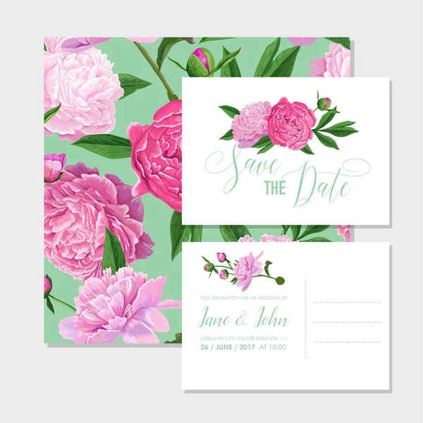 Virágos esküvői meghívó sablon készlet. Értesítőkártya virágzó bazsarózsa virágok. Tavaszi szertartás dekoráció botanikus tervezés. Vektoros illusztráció — Stock Vector
