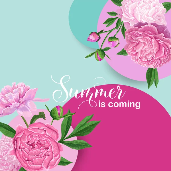 Hello Summer Floral Design with Pink Peony Flowers. Botanical Background for Poster, Banner, Wedding Invitation, Greeting Card. Vector illustration — Stock Vector