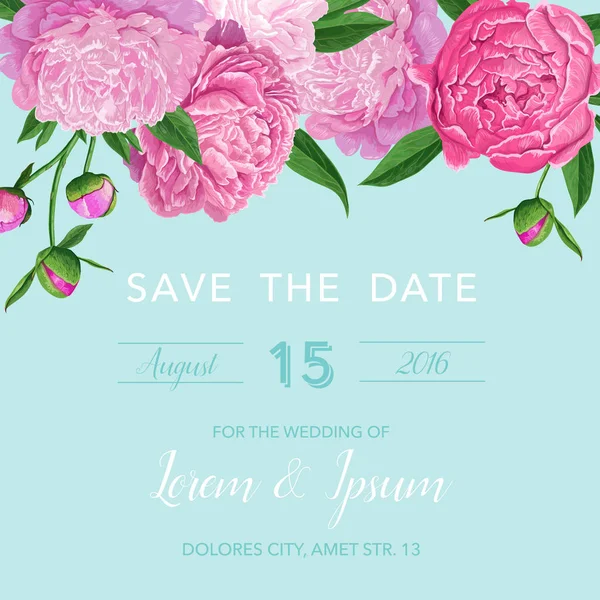 Προσκλητήριο γάμου floral ή Αποθήκευση κάρτα συγχαρητηρίων ημερομηνία ανθοφορία Peony λουλούδια άνοιξη κάρτα βοτανικό σχεδίου για τη διακόσμηση της τελετής. Εικονογράφηση διάνυσμα — Διανυσματικό Αρχείο