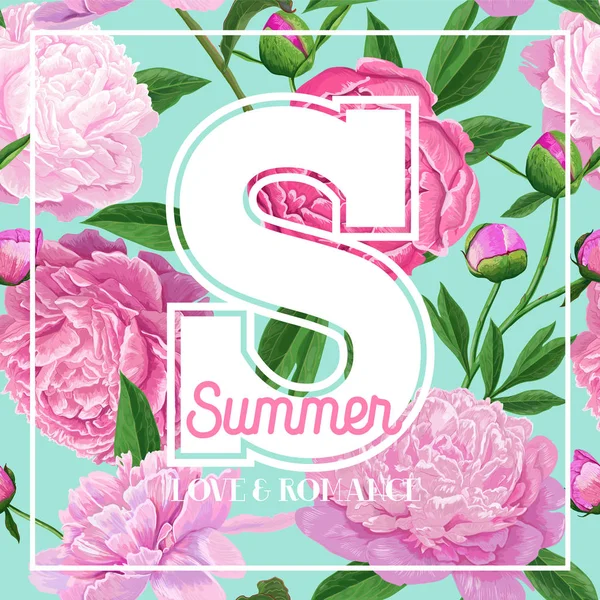 Olá Summer Floral Design com flores de peônia rosa florescendo. Fundo botânico para cartaz, bandeira, convite de casamento, cartão de saudação. Ilustração vetorial — Vetor de Stock