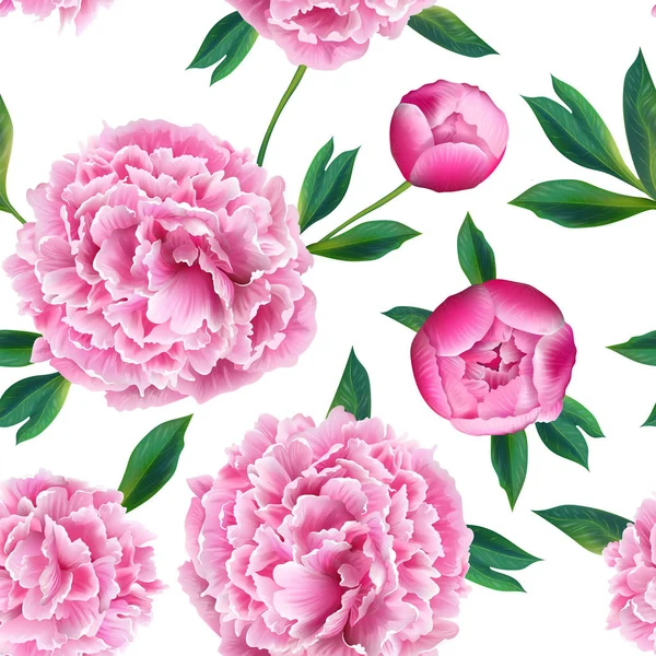 Varrat nélküli virágmintás rózsaszín bazsarózsa virágok. Tavasszal virágzó háttér anyag, nyomatok, esküvői dekoráció, meghívás, háttérképek. Vektoros illusztráció — Stock Vector