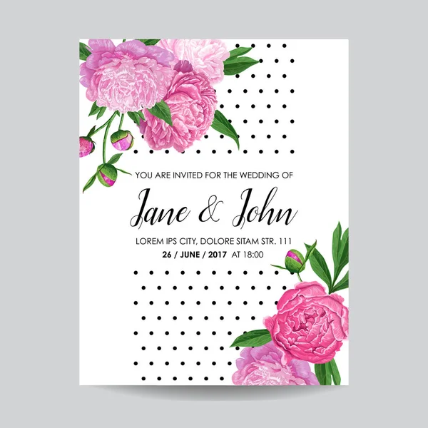 花の結婚式の招待状。牡丹の花が咲くと日付カードを保存します。スプリング式装飾用植物デザイン。ベクトル図 — ストックベクタ