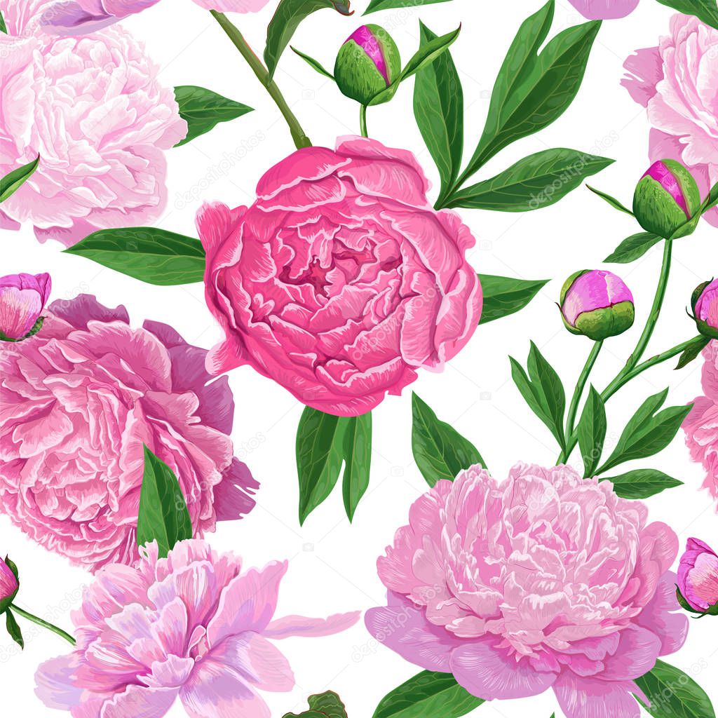 Floral Seamless Pattern with Pink Peony Flowers. Spring Blooming Flowers Background for Fabric, Prints, Wedding Decoration, Invitation, Wallpapers. Vector illustration