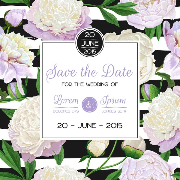 Çiçek düğün davetiye şablon. Tarihi bildirimi kartı çiçek beyaz Peonies çiçeklerle kaydedin. Vintage bahar botanik tasarım parti dekorasyon için. Vektör çizim — Stok Vektör
