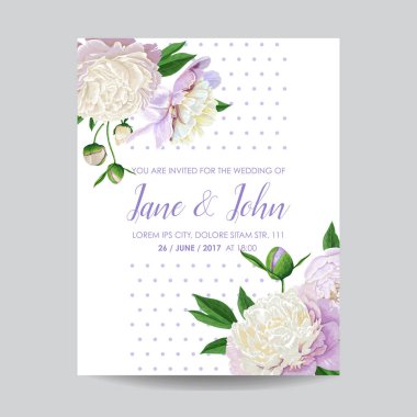 Çiçek düğün davetiye şablon. Tarihi bildirimi kartı çiçek beyaz Peonies çiçeklerle kaydedin. Vintage bahar botanik tasarım parti dekorasyon için. Vektör çizim