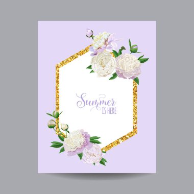 Altın çerçeve ile çiçeklenme ilkbahar ve yaz çiçek tasarım. Sulu Boya beyaz Şakayık çiçekleri için davetiye, düğün, bebek duş kartı, Poster, afiş. Vektör çizim