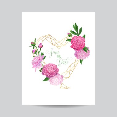 Düğün davetiyesi çiçek şablonu pembe Peonies. Tarihi geometrik altın çerçeve çiçek ve yer ile metniniz için kaydedin. Tebrik kartı, Poster, afiş. Vektör çizim