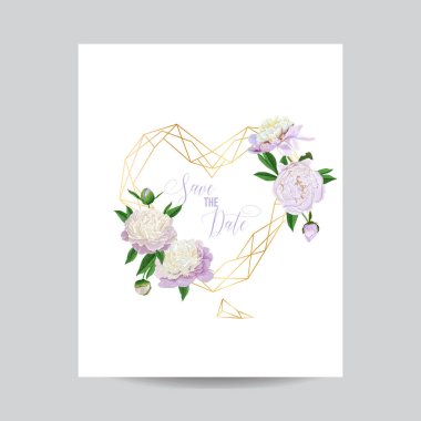 Düğün davetiyesi çiçek şablon. Tarih altın çerçeve metin ve beyaz Şakayık çiçekleri için yer ile kaydedin. Tebrik kartı, Poster, afiş. Vektör çizim