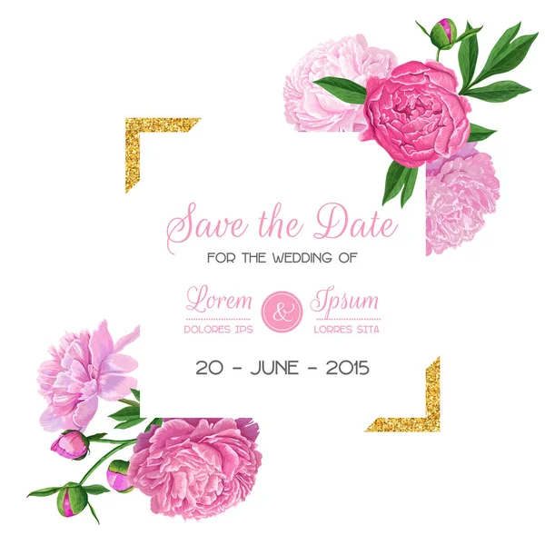 Floral Wedding Invitation Template. Save the Date Card with Blooming Pink Peonies and Golden Frame. Romantic Botanical Design with Flowers for Ceremony Decoration. Vector illustration — Stock Vector