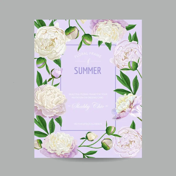 こんにちは夏咲く白い牡丹の花で花のデザイン。ポスター、バナー、結婚式招待状、グリーティング カード ベクトル図の植物の背景 — ストックベクタ
