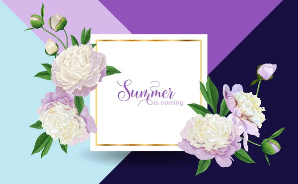 Hallo zomer bloemmotief met bloeiende witte pioen bloemen. Botanische achtergrond voor Poster, Banner, bruiloft uitnodiging, wenskaart, verkoop. Vectorillustratie — Stockvector