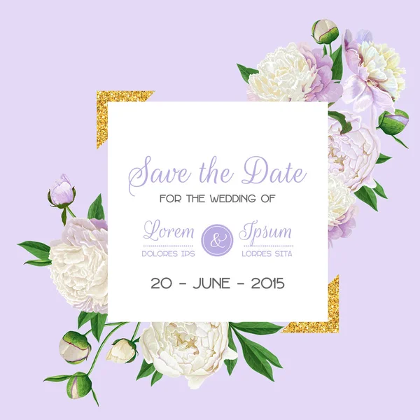 Floral Wedding Invitation. Save the Date Card with Blooming White Peony Flowers and Golden Frame. Romantic Botanical Design for Ceremony Decoration. Vector illustration — Stock Vector