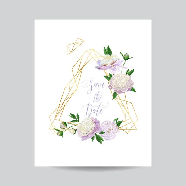 結婚式招待状花のテンプレート。あなたのテキストと白牡丹の花の場所と日付のゴールデン フレームを保存します。グリーティング カード、ポスター、バナー。ベクトル図 — ストックベクタ