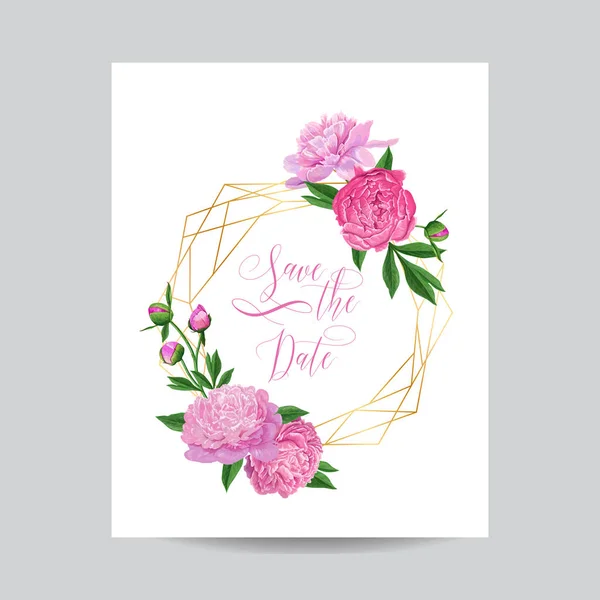 結婚式の招待状ピンク牡丹の花テンプレート。花と場所あなたのテキスト日付の幾何学的なゴールデン フレームを保存します。グリーティング カード、ポスター、バナー。ベクトル図 — ストックベクタ