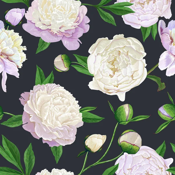 Beyaz Peonies ile çiçek Seamless modeli. Bahar çiçek açan çiçekler için arka plan kağıt ambalaj kumaş, baskılar, düğün dekorasyon, davet, duvar kağıtları. Vektör çizim — Stok Vektör