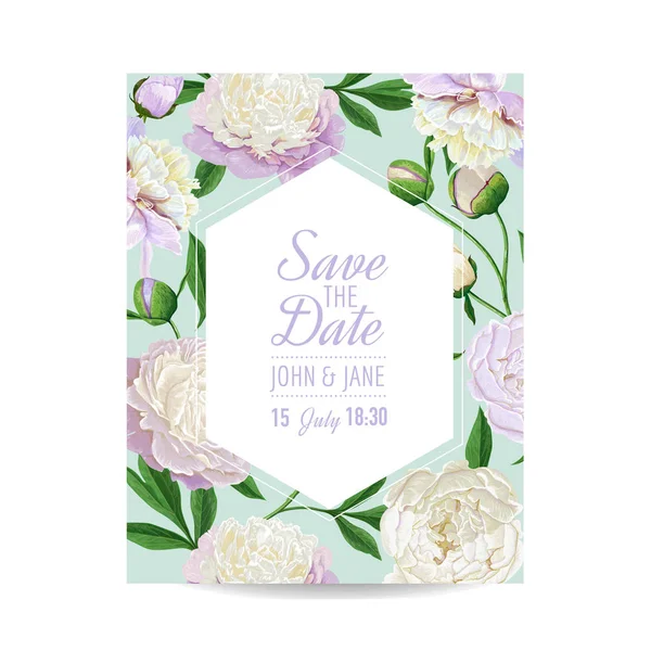 Bloemen bruiloft uitnodiging sjabloon. De datum-kaartje opslaat met bloeiende witte pioen bloemen. Vintage voorjaar botanische ontwerp voor Party decoratie. Vectorillustratie — Stockvector