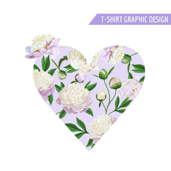 Love Romantic Floral Heart Design per stampe, tessuti, magliette, poster. Fondo primavera con fiori di peonia bianca. Illustrazione vettoriale — Vettoriale Stock