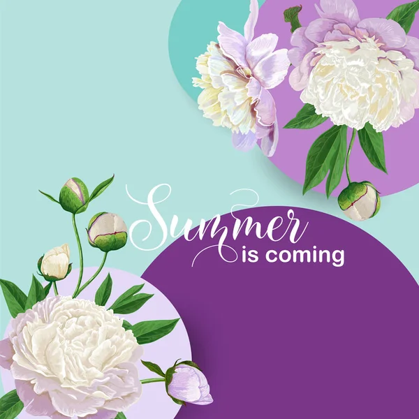 Olá Summer Floral Design com flores de peônia branca florescendo. Fundo Botânico para Cartaz, Banner, Convite de casamento, Cartão de saudação, Venda. Ilustração vetorial — Vetor de Stock