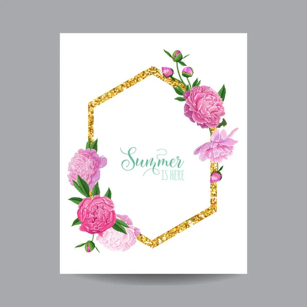 Floreciente diseño floral de primavera y verano con marco dorado. Acuarela Peonías Rosa Flores para Invitación, Boda, Tarjeta de Bebé Ducha, Cartel, Banner. Ilustración vectorial — Archivo Imágenes Vectoriales