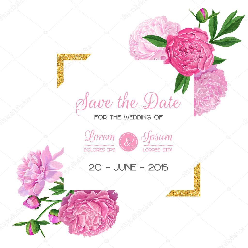 Floral Wedding Invitation Template. Save the Date Card with Blooming Pink Peonies and Golden Frame. Romantic Botanical Design with Flowers for Ceremony Decoration. Vector illustration