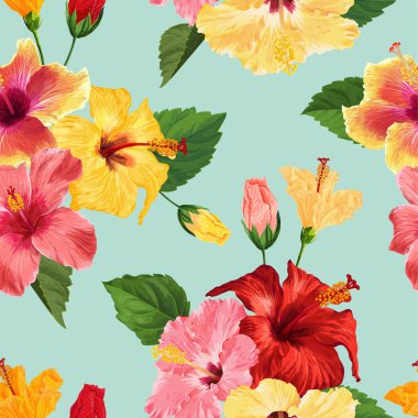 Tropikal Hibiscus çiçek Seamless modeli. Kumaş Tekstil, duvar kağıdı, dekor, kağıt ambalaj için çiçek yaz arka plan. Suluboya botanik tasarım. Vektör çizim