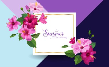 Merhaba yaz Poster. Pembe Hibiscus çiçek çiçek tasarım Parti Davetiyesi, afiş, el ilanı, Satılık, reklam. Tropikal botanik arka plan. Vektör çizim