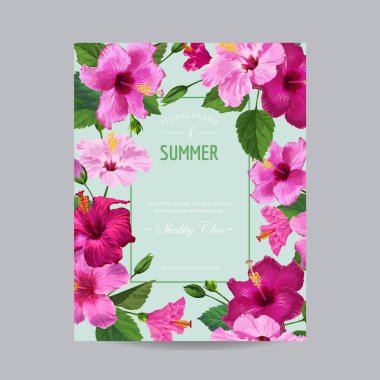 Çiçeklenme ilkbahar ve yaz tropikal çerçeve çiçek. Suluboya Hibiscus çiçek düğün, davet, bebek duş kartı vektör çizim için