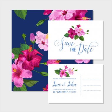 Düğün davetiye şablon mor Hibiscus çiçek ile ayarlayın. Tarihi çiçek kartı kaydetmek Selamlar, yıldönümü, doğum günü için. Botanik tasarım. Vektör çizim