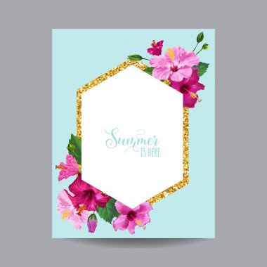 Çiçeklenme ilkbahar ve yaz tropikal çerçeve çiçek. Düğün, davet, bebek duş kartı vektör çizim için suluboya Hibiscus çiçek şablon