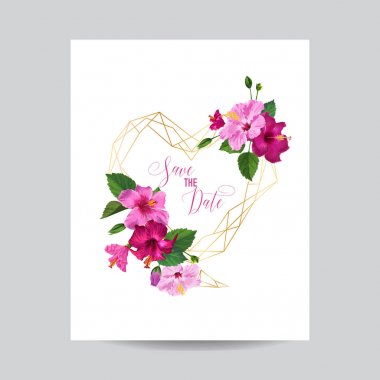 Hibiscus çiçek ve altın çerçeve düğün davet şablonu. Tarihi çiçek kartı kaydetmek Selamlar, yıldönümü, doğum günü için. Vektör çizim