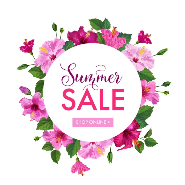 Zomer verkoop Floral Banner. Seizoensgebonden korting reclame met roze Hibiscus bloemen. Tropisch paradijs promotionele ontwerp voor Poster, Flyer. Vectorillustratie — Stockvector