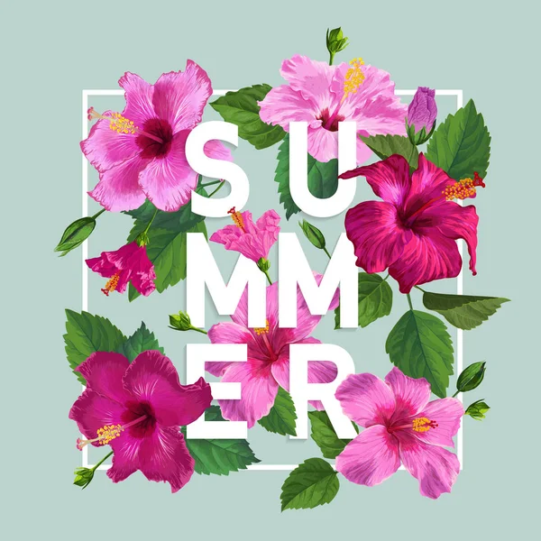 Hola cartel de verano. Diseño Floral con Hibiscus Rosa Flores para Camiseta, Tela, Fiesta, Banner, Volante. Fondo Botánico Tropical. Ilustración vectorial — Archivo Imágenes Vectoriales