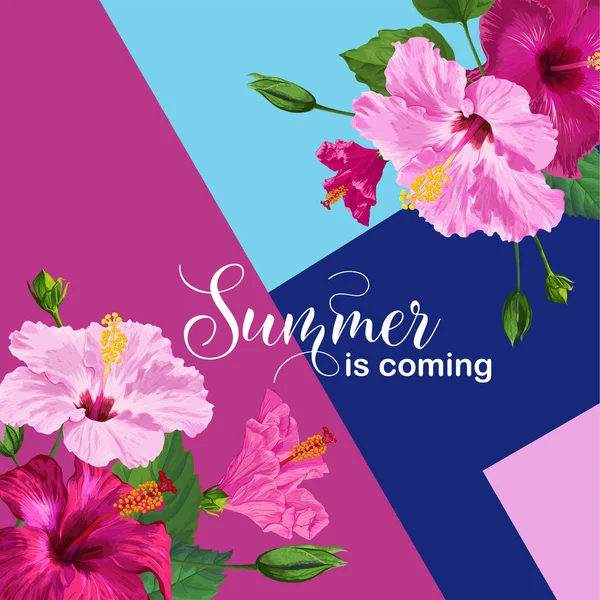 Ciao Summer Poster. Disegno floreale con fiori rosa ibisco per invito alla festa, striscione, volantino. Sfondo botanico tropicale. Illustrazione vettoriale — Vettoriale Stock