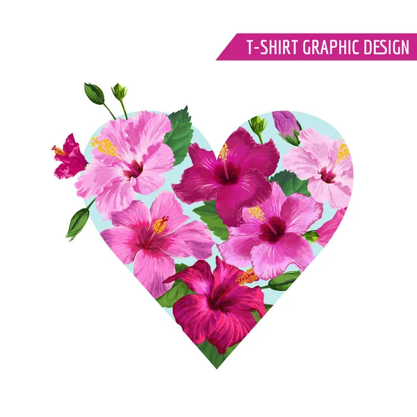 Amore Romantico Cuore Floreale Design con Ibisco Rosa Fiori per Stampe, Tessuto, T-shirt, Poster. Sfondo tropicale primaverile ed estivo. Illustrazione vettoriale — Vettoriale Stock