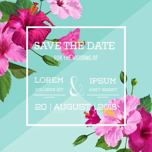 Invitación de boda con flores de hibisco púrpura. Guardar la fecha Tarjeta floral para saludos, aniversario, cumpleaños. Diseño Botánico. Ilustración vectorial — Vector de stock