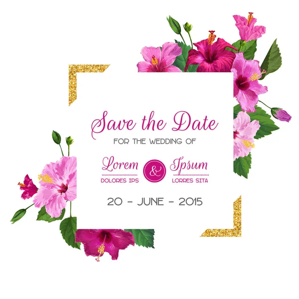 Modèle d'invitation de mariage avec fleurs d'hibiscus et cadre doré. Sauvegardez la Carte Florale Date pour Salutations, Anniversaire, Anniversaire. Design botanique. Illustration vectorielle — Image vectorielle