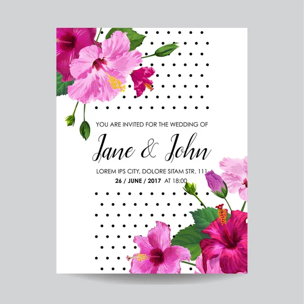 Plantilla de invitación de boda con flores de hibisco púrpura. Guardar la fecha Tarjeta floral para saludos, aniversario, cumpleaños. Diseño Botánico. Ilustración vectorial — Vector de stock